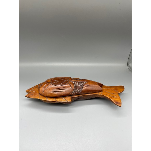 Other - Vintage Hand Carved Wooden Fish Trinket Box Decorative Wood Bowl with Lid 9 Inch